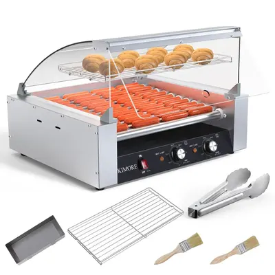 Garvee Hot Dog Roller, 30 Hot Dog 11 Roller Grill Cooker Machine with Glass Warming Cover,LED Lighting, Removable Drip Tray, ...