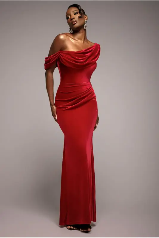Goddiva Cowl One Shoulder Velvet Maxi Dress - Red