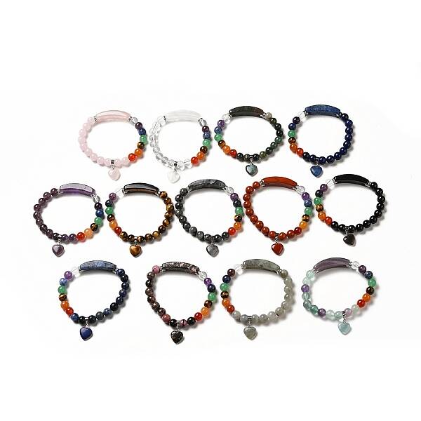 Natural Mixed Gemstone Beaded Stretch Bracelet with Heart Charm for Women