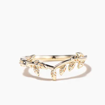 Solid Yellow Gold Leaf Wedding Band Nature Inspired Stacking Matching Band