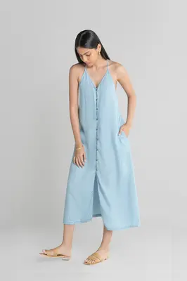 In The Mood For Love Denim Midi Dress | Color: Ocean Blue | Size: L