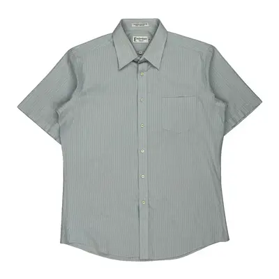 Yves Saint Laurent Striped Short Sleeve Shirt - Large Blue Polyester Blend