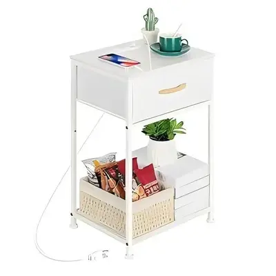 Single Pack White Night Stand with Charging Station Bedside Table with Fabric Drawer Bedroom Side Table with Storage Shelf Sm...
