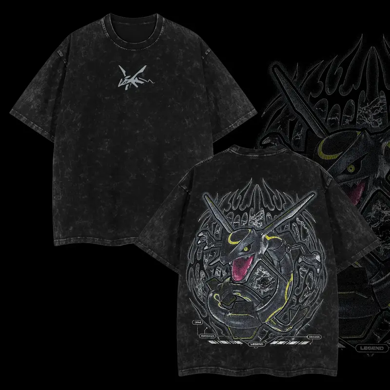 Pokemon Rayquaza Vintage Unisex Oversize Anime Manga Acid Washed Heavyweight Cotton T-shirt, graphic tee,anime lover , ou...