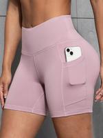 Women's Solid Color Pocket Design Skinny Shorts, Casual Comfy Breathable High Stretch Yoga Shorts, Ladies Bottoms for All Sea...