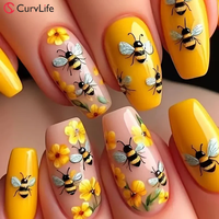 Honey Bee Press On Nails | CurvLife Nail | 24pcs Medium Coffin Fake Nails | 3D Floral Bee Design | Easy Apply, Durable & Vibr...