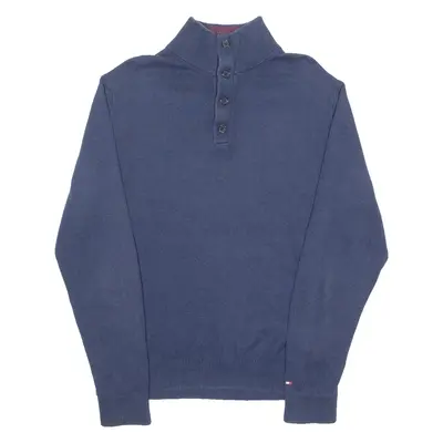 TOMMY HILFIGER Mens Jumper Blue Button Neck Tight Knit L