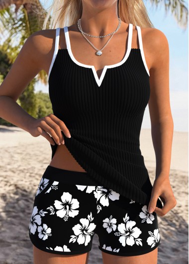 Modlily Tummy Coverage Mid Waisted Floral Print Black Tankini Set - XXL