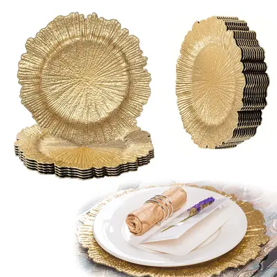 Round 13 Gold Charger Plates Reef Plate Chargers for Dinner Plates - Plastic Table Chargers for Wedding, Thanksgiving, Chri...