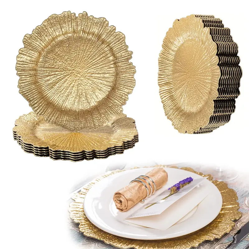 Round 13 Gold Charger Plates Reef Plate Chargers for Dinner Plates - Plastic Table Chargers for Wedding, Thanksgiving, Chri...