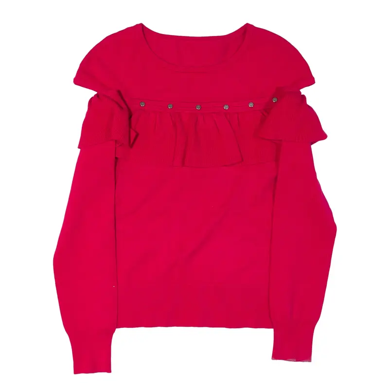KAREN MILLEN Open Shoulder Ruffled Jumper Pink Tight Knit Viscose Womens S