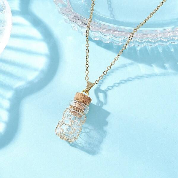 Copper Wire Wrapped Empty Glass Bottle Pendant 304 Stainless Steel Cable Chain Necklaces for Women Men