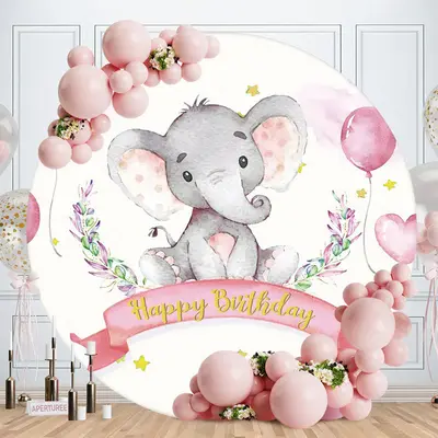 Aperturee Pink Ballon Elephant Round Birthday Backdrop