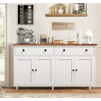 HOMBCK 55'' Sideboard Buffet Cabinet, Mid-Century Kitchen Buffet Storage Cabinet with 2 Drawers & 4 Doors, Coffee Bar Cabinet