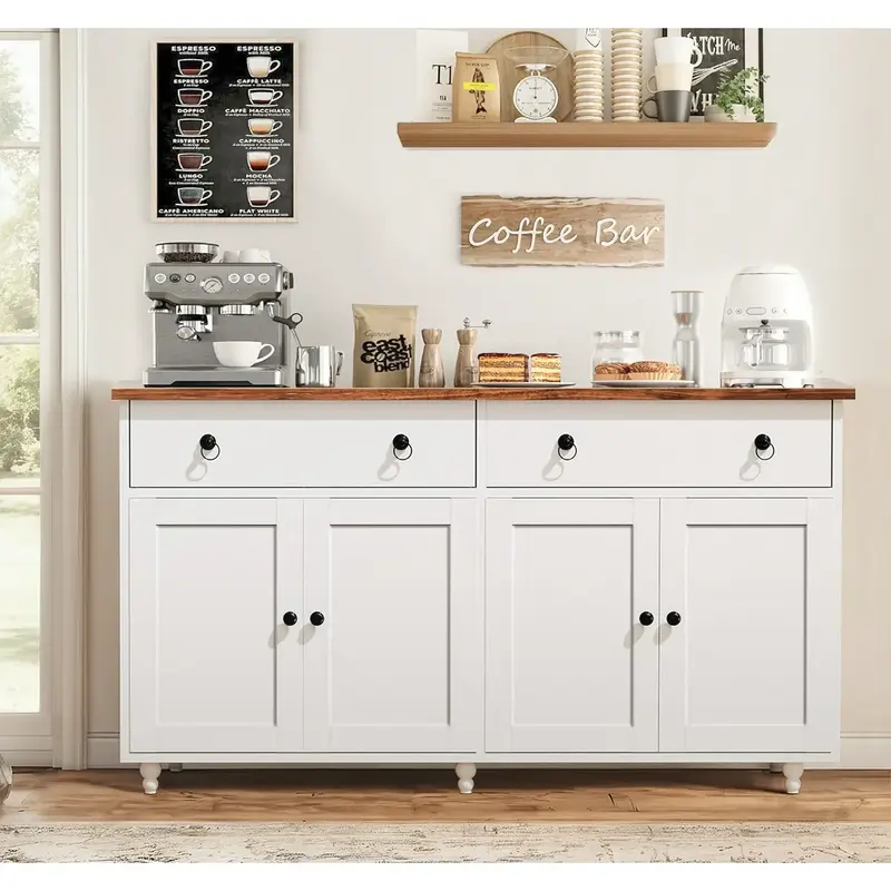HOMBCK 55'' Sideboard Buffet Cabinet, Mid-Century Kitchen Buffet Storage Cabinet with 2 Drawers & 4 Doors, Coffee Bar Cabinet