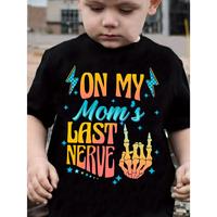ON MY MOM'S LAST NERVE& Cartoon Lightening& Skeletal Hand Graphic Print Tee, Boys' Casual& Trendy Crew Neck Short Sleeve T-sh...