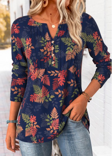 Modlily Navy Tummy Coverage Leaf Print T Shirt - XXL