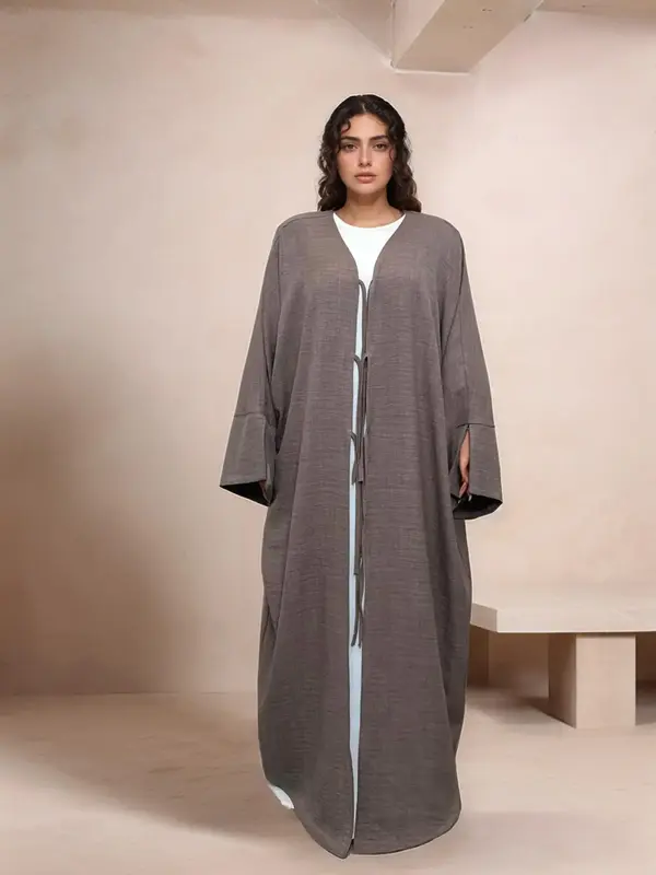 Women's Solid Color Tie Front Split Sleeve Abaya, Casual Long Sleeve V Neck Abaya for Daily Wear, Ladies Islamic Clothing for...