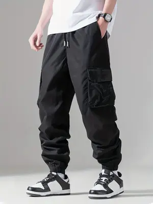 Men's Regular Fit Black Drawstring Waist Cargo Pants, Solid Color Pocket Trousers, Pants for Men, Casual Comfortable Cozy Bas...