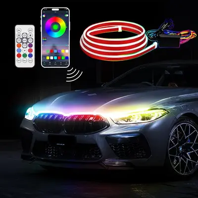 APP-Controlled RGB Dynamic LED Car Hood Light Strip, 1 Count Dynamic Scan Start Up Light Strip with Instruction & Remote Cont...