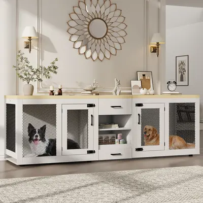 Garvee 90 Inch Large Dog Crate Furniture, Double Dog Crate with Feeding Station & Storage, Heavy Duty Dog Kennel Furniture fo...