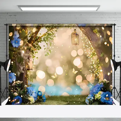 Aperturee Fairy Tale Blue Natural Floral Forest Bokeh Backdrop