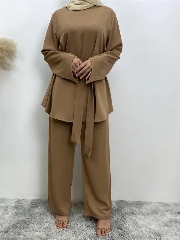 Women's Solid Long Sleeve Top with Belt & Pants Set, Casual Fashion Cozy Two-piece Outfits for Daily Wear, Ladies Clothes fo...