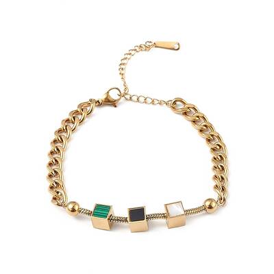 Synthetic Malachite Cube & Acrylic Round Beaded Link Bracelet