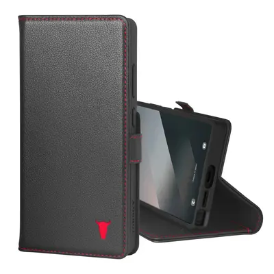 Samsung Galaxy S25 Ultra Leather Wallet Case (with Stand Function) - Black with Red Detail