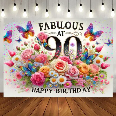 Aperturee Colorful Floral Butterfly Fabulous At 90 Backdrop, 5X3FT(1.5X1M), 15.07 USD, XQHD3X48-E, birthday backdrops