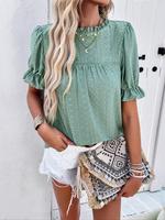 Women's Plain Hollow Out Tee, Casual Chic Flounce Sleeve Top for Summer, Women's Clothing for Daily Wear
