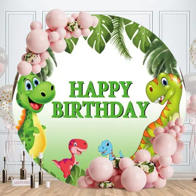 Aperturee Cartoon Dinosaur Happy Birthday Green Round Backdrops for Boy
