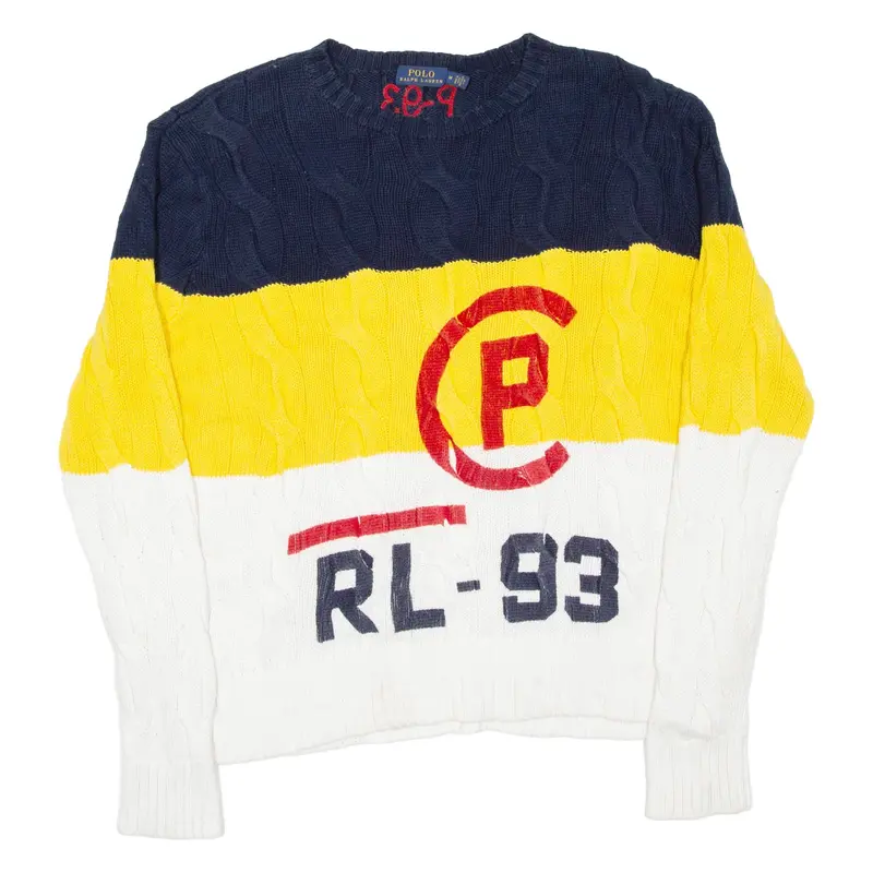 POLO RALPH LAUREN Mens Patterned Jumper Blue Colourblock Cable Knit M