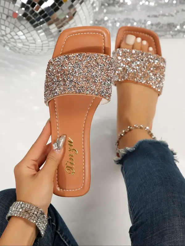 Women's Elegant Rhinestone Decor Slip on Sandals, 2024 Summer Casual Square Toe Slide Sandals for Beach, Fashion Trendy All-m...