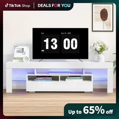 [Dealsforyoudays]CANMOV TV Stand with LED Lights up to 75 inch TV, Gloss Media Console with Storage Shelves & Drawers for Liv...