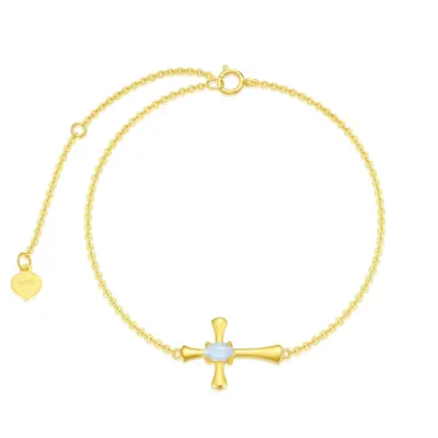14K Gold Oval Shaped Opal Cross Charm Bracelet