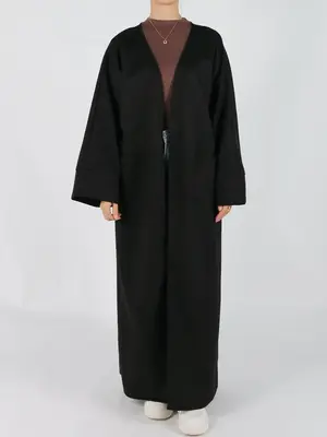 Women's Solid Long Sleeve Open Front Suede Abaya Coat, Elegant Long Sleeve Pocket Design Long Coat for Fall & Winter, Women's...