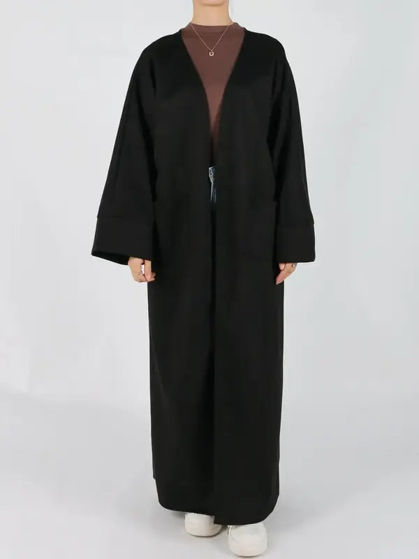 Women's Solid Long Sleeve Open Front Suede Abaya Coat, Elegant Long Sleeve Pocket Design Long Coat for Fall & Winter, Women's...