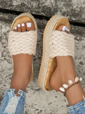 Women's Boho Style Textured Braid Design Slip on Sandals, Casual Comfortable Breathable Sandals for Summer, Fashion Shoes for...