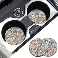 Floral Pattern Car Coaster, Round Anti-slip Car Cup Holder Coaster, Absorbent and Durable Cup Coaster for Vehicle and Home Us...