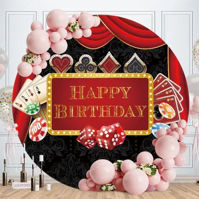 Aperturee Red Curtain Card Round Happy Birthday Backdrop
