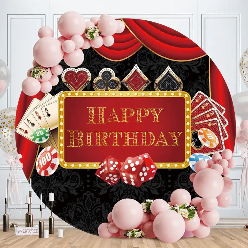 Aperturee Red Curtain Card Round Happy Birthday Backdrop