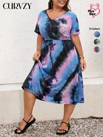 CURVZY Plus Size Tie Dye Print Drawstring Front Tee Dress, Casual V Neck Short Sleeve Midi Dress for Summer, Women's Plus Clo...