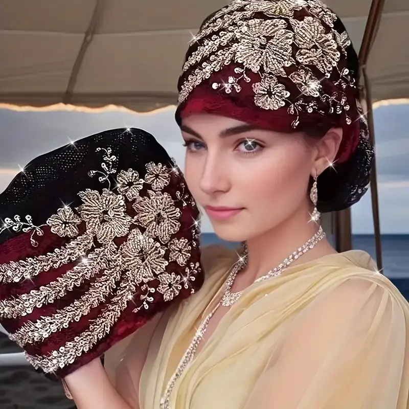 1pc Elegant Embroidered Floral Lace Headscarf for Women - Breathable, Elastic with Drawstring Closure, Perfect for All Season...