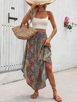 Women's Ethnic Pattern Shirred Tie Front Skirt, Casual Boho Fashion High Waist Long Skirt for Daily Holiday Vacation Wear, La...