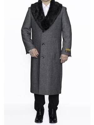 Moscow: MENS REMOVABLE FUR COLLAR FULL LENGTH WOOL HERRINGBONE GREY OVERCOAT