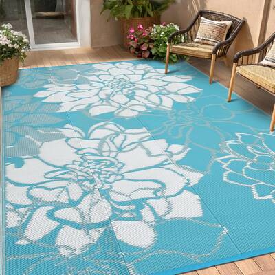 Garvee Outdoor Rug 9x12 Reversible Modern Floral Waterproof Washable Polypropylene Slip-Resistant Stakes Patio Deck Camping M...
