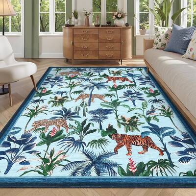 Garvee Blue Tiger 9x12 Area Rug - Botanical Jungle Print, Washable & Non-Slip, Soft Polyester, Stain-Resistant Low Pile, Kid ...