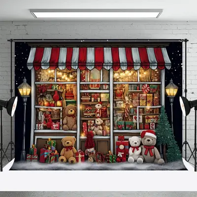 Christmas Gift Store Bear Portrait Photo Backdrop - Aperturee