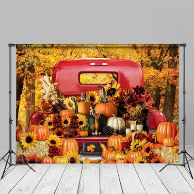 Maples Sunflowers Pumpkin Red Truck Autumn Backdrop - Aperturee